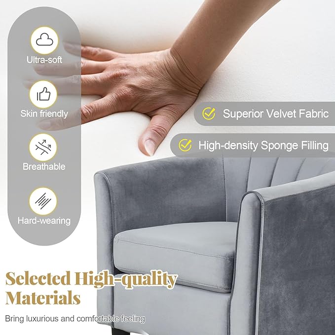 GOFLAME Accent Chair with Ottoman, Modern Velvet Fabric Barrel Chair with Footrest, Curved Backrest, Removable Seat Cushion, Upholstered Club Tub Sofa, Reading Armchair for Living Room, Bedroom, Gray