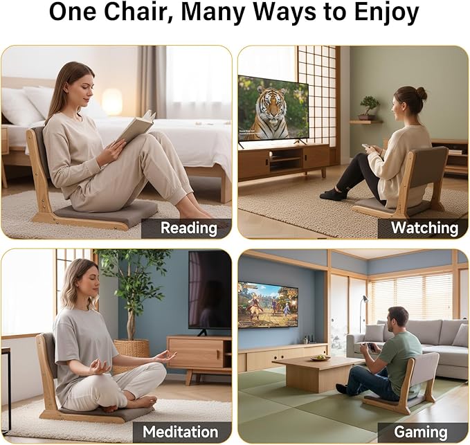 Tiita Tatami Foldable Meditation Floor Chair, Folding Floor Chairs Seat, Portable Japanese Legless Chair, Lazy Sofa for Bay Window Reading, Back Rest Chairs with Cushion, Wood Grey