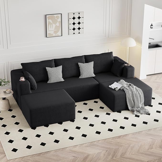 Furnimart 41" Big Oversized Ottoman for Modular Sectional Sofa Bed, Modern Boneless Large Ottoman Compression Footstool Cloud Couches for Living Room, No Assembly Corduroy Black