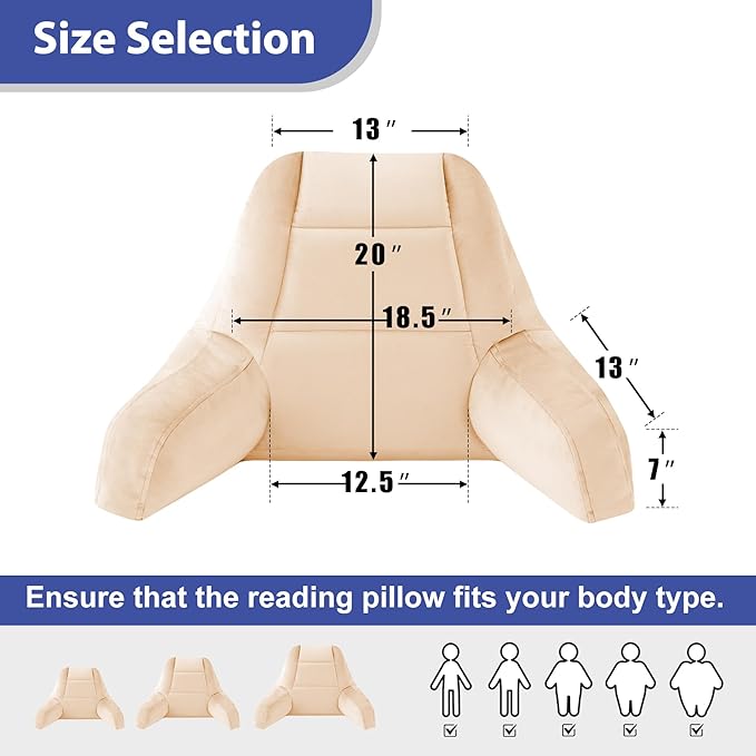 IASEAHK Reading Pillows for Sitting in Bed Adult, Back Pillow for Bed Sitting Up, Backrest Pillows with Shredded Foam for Adult&Teens, Support Pillow with Arms for Beds, Couch, Floor, 20in, Beige