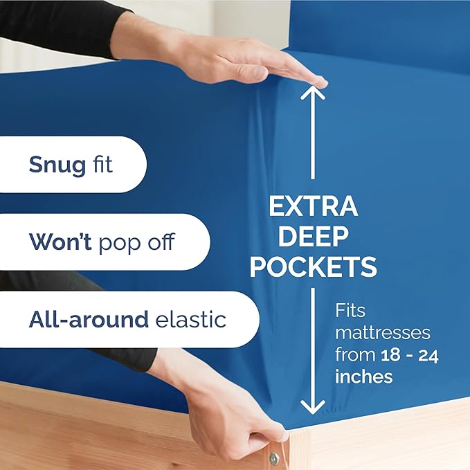 Extra Deep Pocket Cal King Sheets - 4 Piece Breathable & Cooling Bed Sheets - Hotel Luxury Sheet Set - Soft, Wrinkle Free & Comfy - Easily Fits Extra Deep Mattresses - Deep Pocket Royal Blue Sheets