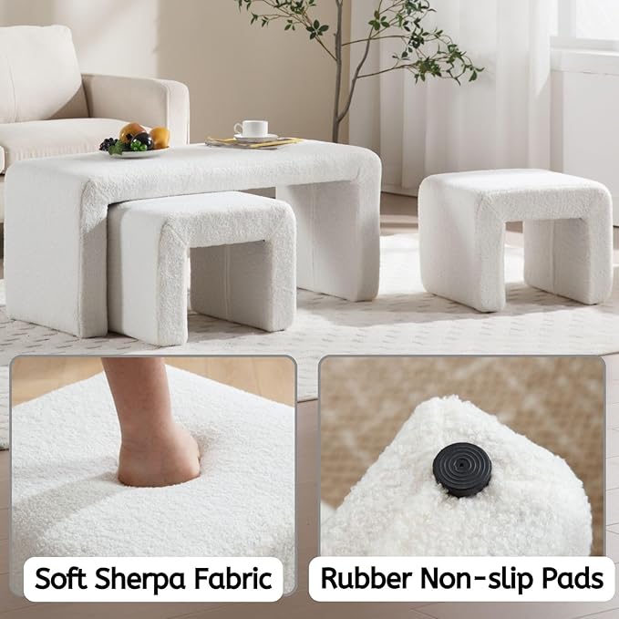 LukeAlon 3-Piece Nesting Ottoman Bench Set, 40.5" Wide Upholstered End of Bed Bench with 2 Small Stools Sherpa Comfy Entry Bench Vanity Stools Modern Arched Bench for Living Room Bedroom, White