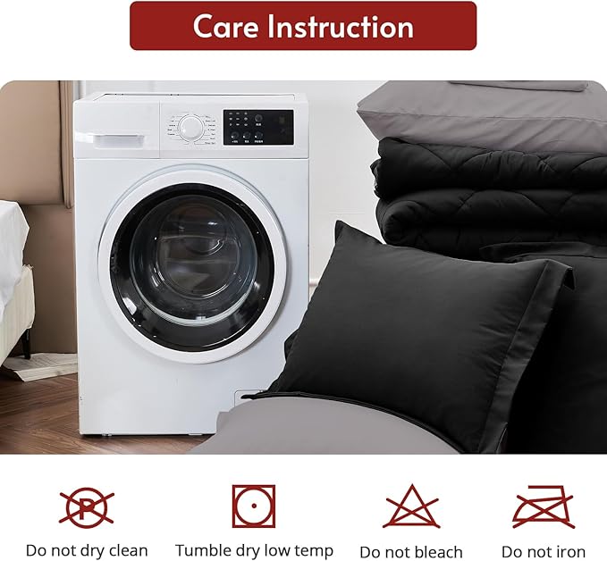 MUXHOMO 7 Pieces Queen Comforter Set, Reversible Bed in a Bag Queen Size, All Season Bedding Set with Comforter, Flat Sheet, Fitted Sheet, Pillowcases & Shams, Black & Soot