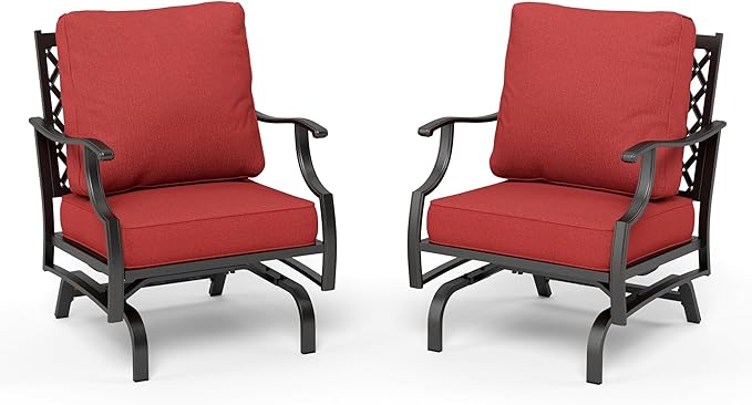 HERA'S HOUSE Outdoor Chairs Set of 2, 2 x Patio Chair with Red Cushions, All Weather Outdoor Furniture for Lawn Garden Backyard Deck(Rocking Chairs)