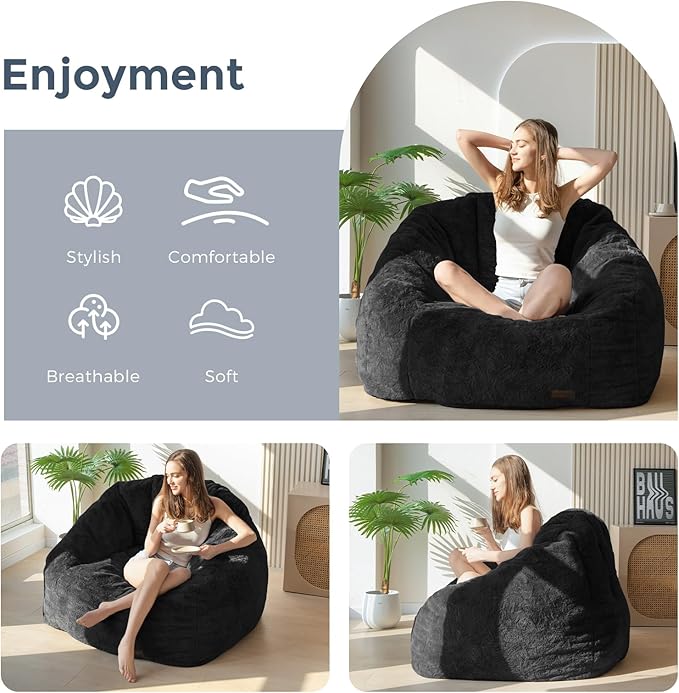 MAXYOYO Giant Bean Bag Chair, Oversized Bean Bag Couch for Adults and Kids, Faux Fur Shell-Shaped Large Chair with Filler, Stuffed Big Accent Sofa Lounge Floor Sofa for Gaming, Reading, Black