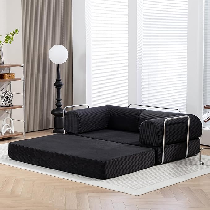 Folding Sofa Bed,63''Cozy Floor Sofa Lounge Couch, 4-in-1 Convertible Sleeper with Memory Foam, Space-Saving Floor Couch for Living Room, Bedroom, Apartment (Black)