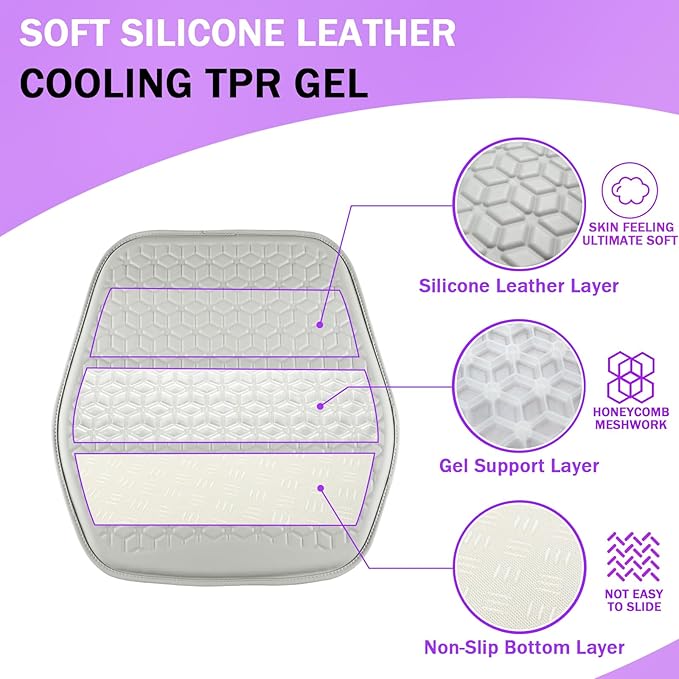 Binsheo Thin Gel Seat Cushion for Car Seat, Office Chair, Wheelchair, Golf Cart - Non-Slip Car Seat Cushions with 0.7 Inch Gel - Sciatica & Coccyx Pain Relief (Leather, Grey)