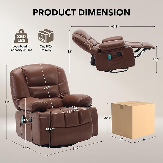 Rocker Recliner Chairs for Adults w/Vibration Massage and Heating,360° Swivel Rocker Glider Recliner,Extra Wide Manual Lazy Chair,PU Leather Overstuffed Soft Sofa Chair for Living Room,Bedroom,Brown