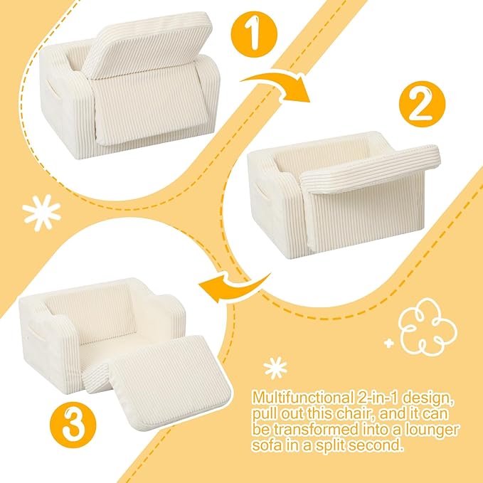 MeMoreCool Toddler Chair 2‑in‑1 Foldable Kids Couch Bed, Beige (Ages 1‑3) – Corduroy Lounge Chair That Pulls Out into Sofa‑Bed | High‑Density Foam, Machine‑Washable Cover for Little Ones