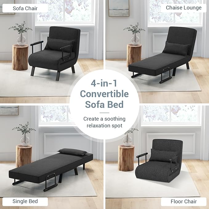 KOMFOTT Convertible Sleeper Chair Bed, 4-in-1 Folding Sofa Bed with 6-Position Adjustable Backrest, Upholstered Chaise Lounge with Removable Pillow, Leisure Recliner Lounge Couch for Home Office