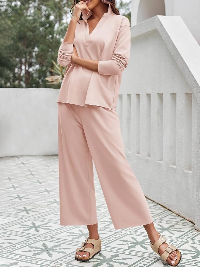 Imily Bela Womens 2 Piece Outfits Sweatsuit Long Sleeve Lapel V Neck Shirt and Wide Leg Pants 2025 Fall Trendy Tracksuit