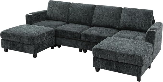 Lesofair 110" Convertible U-Shape Couch with 2 Flexible Ottomans, Soft Sectional Sofa with Durable Cup Holders, Chenille 4 Seater Sofa with Well-Filled Backrest for Living Room, House, Grey