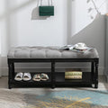 Farmhouse Storage Bench Wooden Entryway Linen Upholstered Ottoman Button Tufted Bench with Black Legs for Bedroom End of Bed Hallway Organizer, Grey, 45 Inch