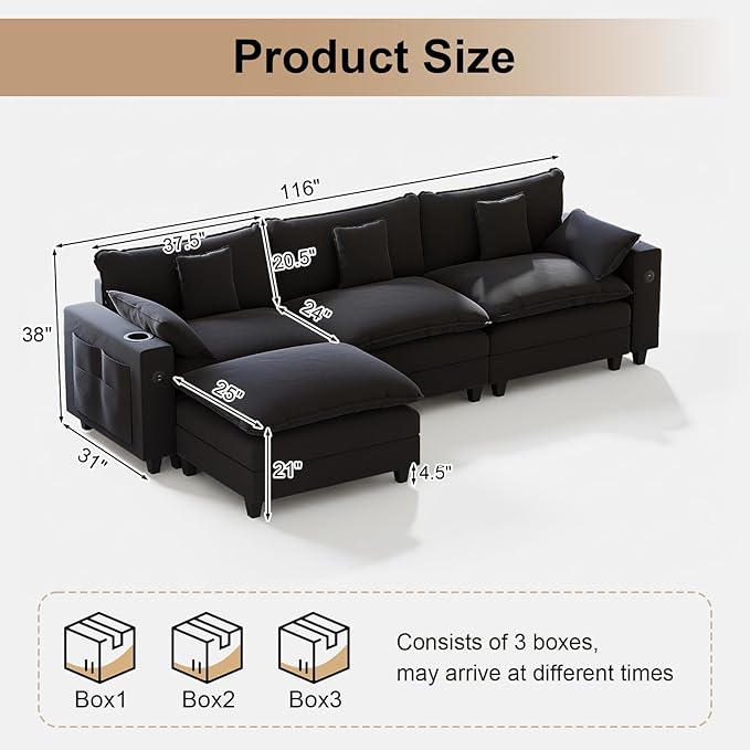 KCGKCG 116" Modular Sectional Sofa, L Shaped Cloud Couch with Movable Ottoman, Chenille Deep Seat Cloud Sofa with Charging Station, Cup Holder, Side Pocket, Sectional Couches for Living Room, Black