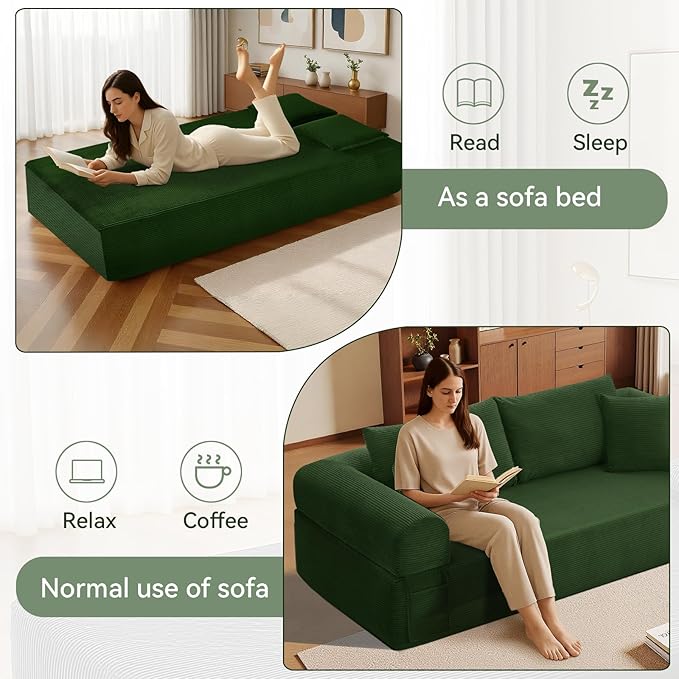 83" Sofa in a Box, 3 Seater Couch No Assembly Boneless Sofa Bed with Cushion Back 2 Matching Pillows Deep Seat Corduroy Fabric Side Storage Pockets for Living Room, Bedroom, Apartment, Office, Green