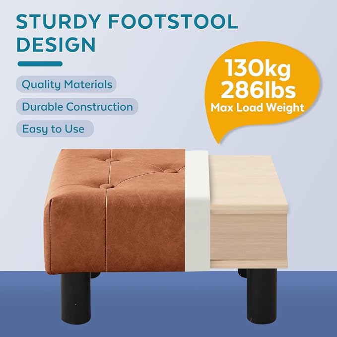 FIMIVIBI Small Foot Stool Ottoman, Faux Leather Footstool Ottoman Foot Rest for Couch, Rectangle Footstools and Ottomans Small for Living Room, Entryway and Bedroom (Bright Brown)