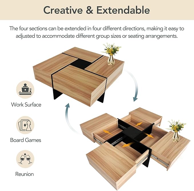 HanStrong 31.5" Square Coffee Table with 4 Hidden Storage Compartments,Cocktail Table with Extendable Sliding Tabletop,UV High-Gloss Design Center Table for Living Room,Brown