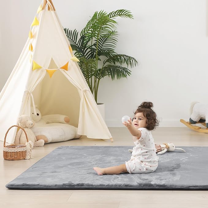 PaPaMat 1.5" Thick Baby Play Mat for Floor, 39x59 Playpen Mat, Pro Soft Flannel Foam Mats Toddler Infant Kids Crawling for Nursery Rug Playroom Living Room Waterproof Easy Care Non-Slip (Dark Grey)