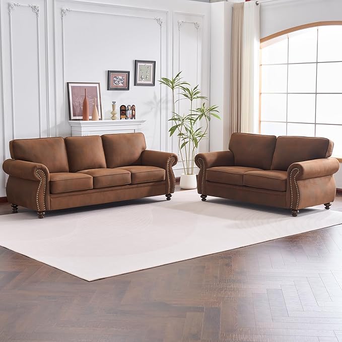 Couchus Living Room Furniture Sets,Sofa Sets and Couch Sets for Living Room,Mid-Century Vintage Sofa Couches with Rivet Design (Caramel, Loveseat+3 Seater)
