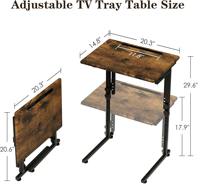 Fleecy day Adjustable Folding TV Tray Table,TV Dinner Small Foldable C-Shaped End Table for Eating,6 Height Adjustable Slide Under Couch Side with Sturdy MDF Top,No Assembly(Brown,2Pcs)