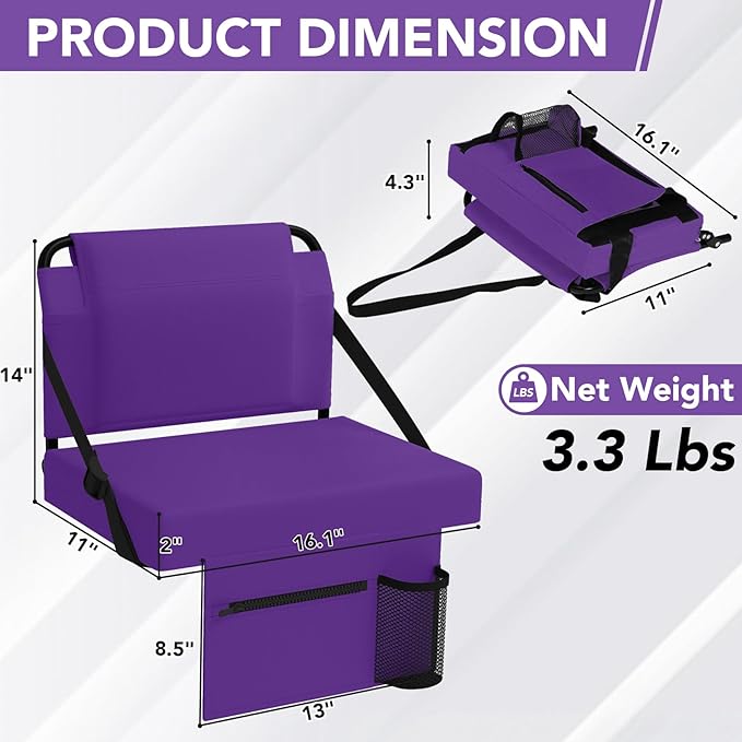 Stadium Seat 2 Pack for Bleachers with Back Support,Portable Bleacher Chairs with Back and Cushion，Purple