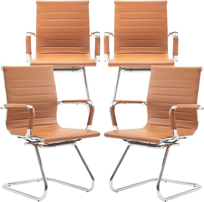 DM Furniture Office Desk Chair Set of 4,No Wheels PU Leather Computer Chairs Mid Back Guest Chairs with Seld Base for School/Reception/Conference/Waiting Room, Terracotta
