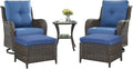 Rilyson Patio Furniture Swivel Chairs Set - 5 PC Wicker Rattan Outdoor Sectional Conversation Sets with 2 Swivel Rocking Chairs,2 Ottomans and 1 Side Table for Porch Deck(Brown/Blue)