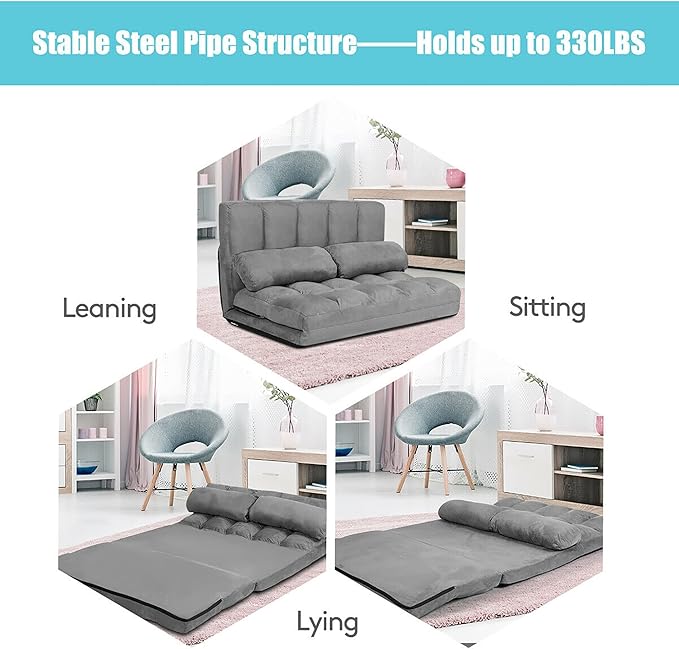 DORTALA Foldable Floor Sofa, 6-Position Adjustable Lounge Couch with 2 Pillows & Suede Cloth Cover, Modern Lounge Mattress Video Gaming Lazy Couch, Floor Seating Sofa, 71" x 44.5", Grey