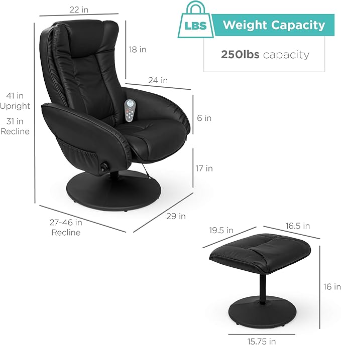 Best Choice Products Faux Leather Electric Massage Recliner w/Stool Footrest Ottoman, Remote Control, 5 Heat & Massage Modes, Side Pockets - Black