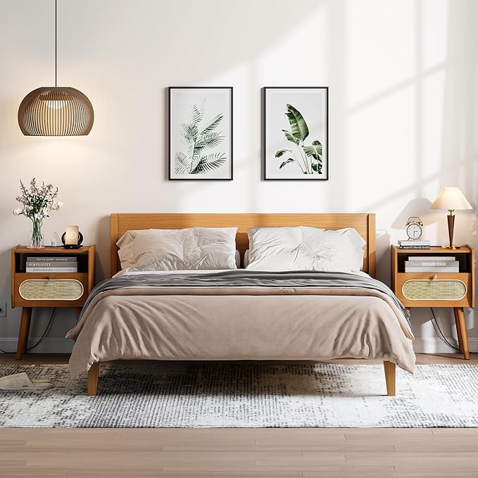 Night Stand Set 2, Mid Century Modern Nightstands Drawer, Rattan Bedside Table with Charging Station, Boho End Table with Storage, Wood Bed Side Tables for Bedroom, Small Space, Cherry