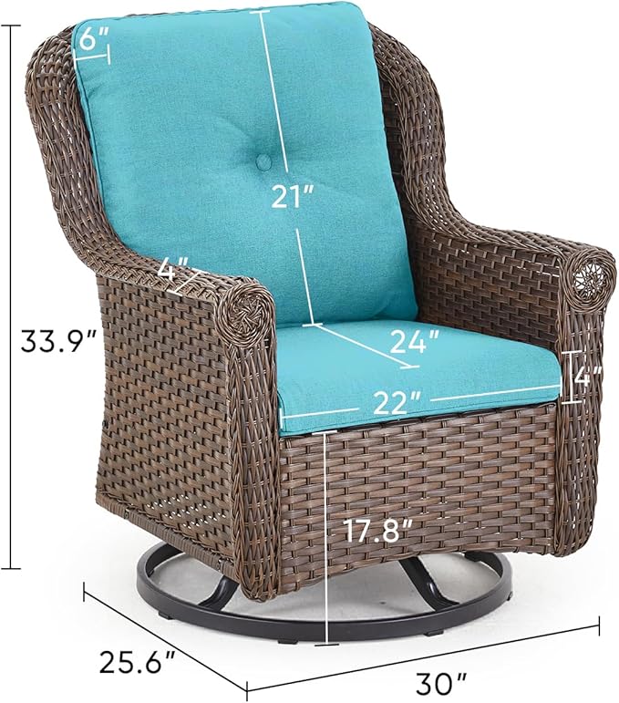 ACTREST Patio Chairs Outdoor Swivel Glider - Set of 2 High Back Outside Brown Wicker Rattan Rocking Chair with Thick Cushion for Porch Apartment Deck Yard Poolside Garden - Turquoise