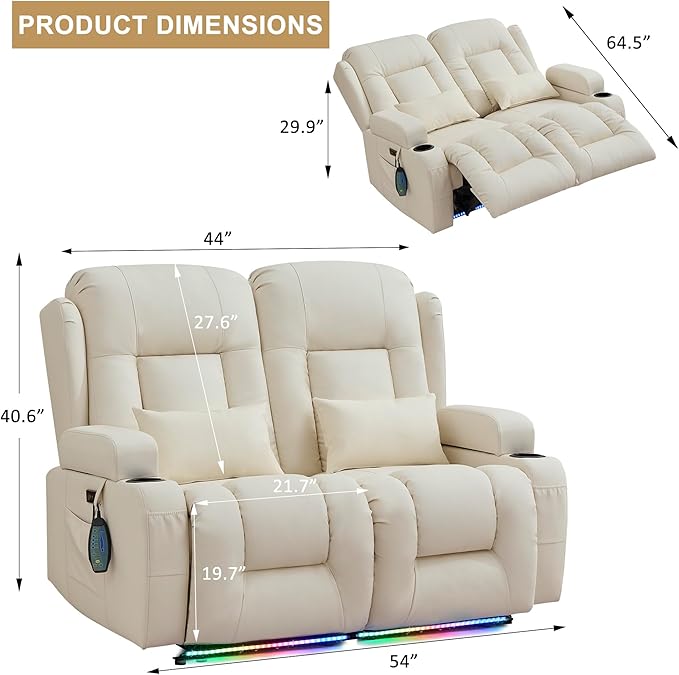 URRED Loveseat Recliner Sofa with Massage and Heat, Power Reclining Loveseat Sofa RV Couch Home Theater Seating with LED Lights, Cup Holders, Side Pockets, USB, Pillows, Faux Leather, Ivory