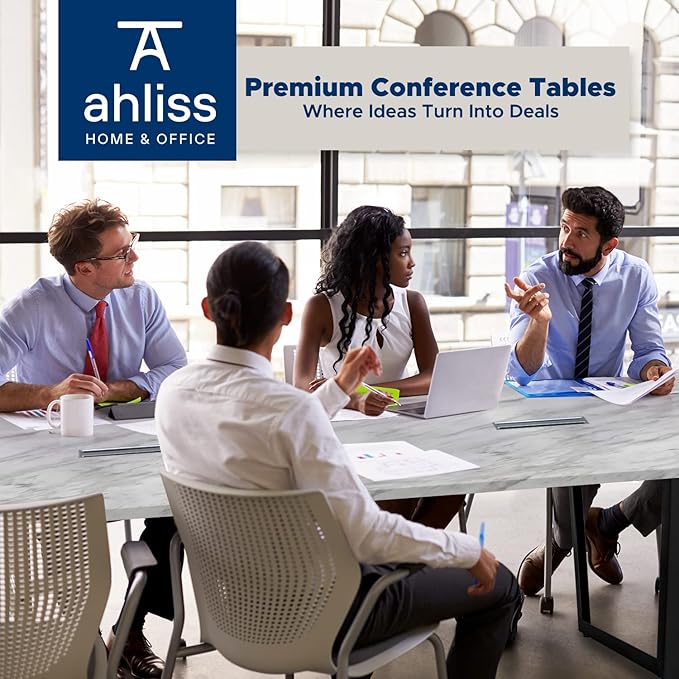 ahliss Sturdy Conference Table with Cable Management Grommets Modern Rectangle Office Meeting Table with Wood Tabletop and Metal Frame & Legs- Easy Assembly Boardroom Table (White Marble, 8 Foot)