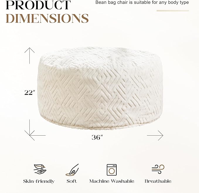 Hobestluk Bean Bag Chairs Adults Beanbag Chair with Filler Large Bean Bags with Fluffy Embossed Cover, Giant Bean Bag Chairs for Adults (White, 3FT - 36” x 36” x 22”)