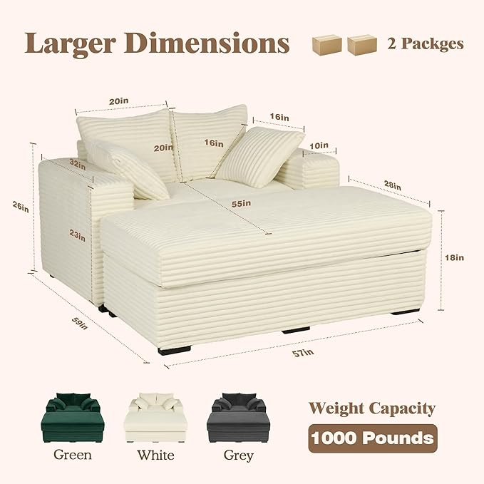 Indoor Chaise Lounge Chair With Storage Ottoman, Modern 60-Inch Lounge Sofa Chair With Wide Armrests & 4 Pillows, Oversized Comfy Reading Lounger For Living Room, Bedroom（Wide-Rib Corduroy Beige)