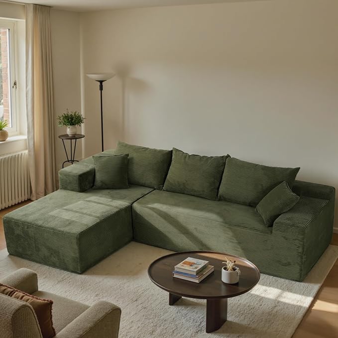 Sectional Cloud Boneless Couch for Living Room Bedroom, Comfy Modern L Shaped Modular Sofa with Left Facing Chaise, Deep Seat Memory Foam Couch in Box, No Assembly (Fine Striped Corduroy, Green)