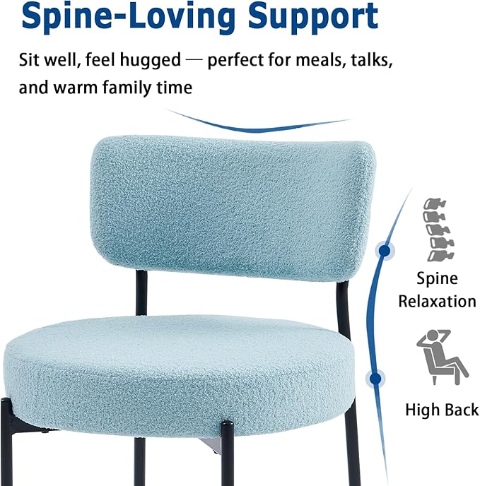Stabrech Blue Boucle Dining Chairs Set of 8, Upholstered Dinner Chair with Metal Frame, Dining Room Chairs with Padded Seat, Round Modern Seating for Living Room