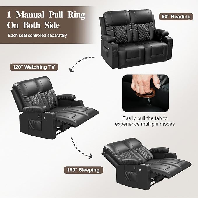 FURNIMAT Loveseat Recliner Sofa Set with 2+1 Pieces, 2 Seater Reclining Loveseat Couch with USB Ports, Cell Phone Holders, 2 Recliner Chairs with Vibration Massage and Heat, Living Room, Bedroom, RV