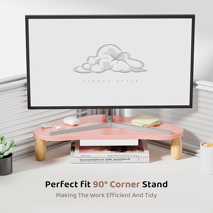 AFOOYO Monitor Stand Riser,Cloud-Shaped Sturdy Wood Computer Monitor Riser Wirh Drawer, Monitor Stand Riser, Multi-Purpose Desktop Organizer Riser for Computer,Laptop,Printer,TV,Pink