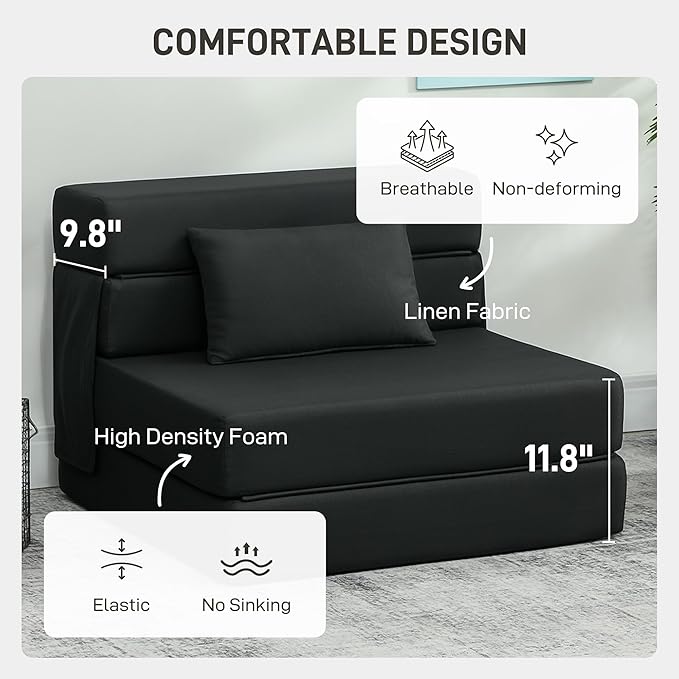 HOMCOM Folding Sofa Bed, Sleeper Chair with Pillow, Modern Linen Convertible Chair Bed, Fold Out Floor Futon Couch for Living Room, Dorm, Guest Use, Home Office, Black