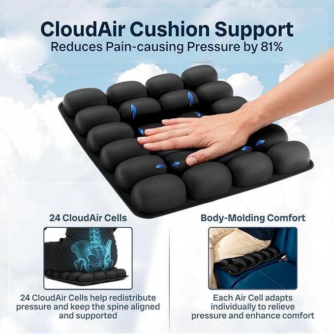 Travel Cushion – CloudAir Technology Airplane Seat Cushion – Inflatable Travel Cushion for Long Flights – Portable Air Cell Design, Puncture-Resistant Waterproof Pad – Black