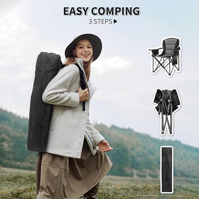 LANMOUNTAIN 2 Pack Padded Oversized Camping Chairs for Adults,Heavy Duty Support 400 Lbs,Folding Portable Lawn Chair w/Cup Holder,Cooler Bag,Side Pocket,Perfect for Outdoor Picnic,Hiking(Black)