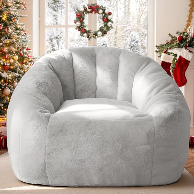 Giant Bean Bag Chair with Armrests 47 Inch Large Plush Bean Bag Couch for Adults and Kids Fluffy Faux Fur Shell-Shaped Oversized Comfy Stuffed Sofa with Filler for Living Room, Bedroom, Gray
