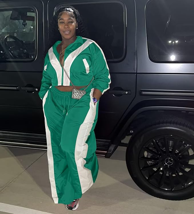 Women Striped 2 Piece Outfits Fall Workout Sets Windbreaker Tracksuit Crop Jacket Wide Leg Pants with Pockets