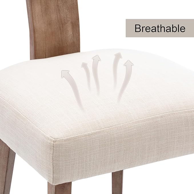RIVOVA Rattan Dining Chairs Set of 2, Modern Dining Chairs, Kitchen Dining Room Chair, Curved Cane Back Upholstered Linen Fabric Dining Chair with Wood Frame, Beige