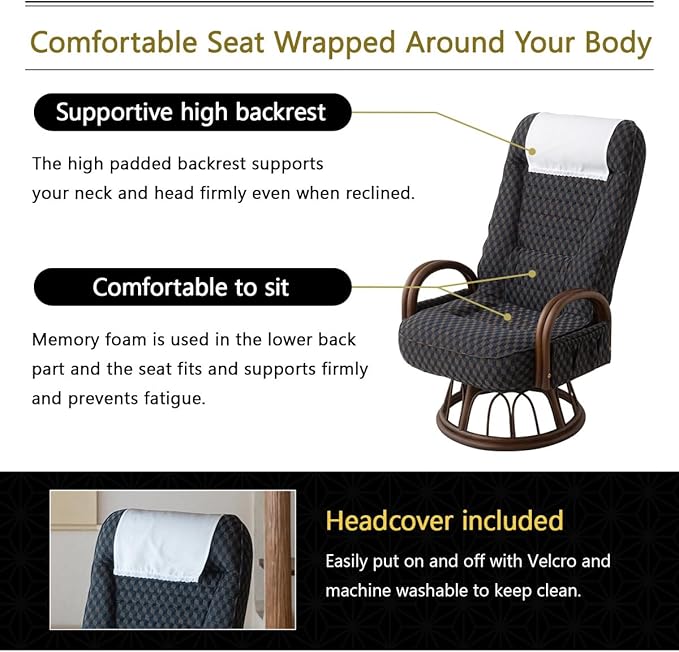 EMOOR Tatami Chair Japanese-Style Swivel Chair RYOKAN (Navy), Natural Rattan Armrest Recliner Living Room Upholstered Single Futon Sofa