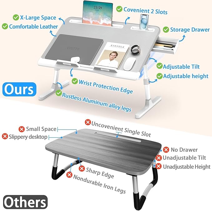 Laptop Bed Desk, X-Large Leather Adjustable Computer Bed Table Tray, Foldable Laptop Lap Desk for Bed Sofa Couch Floor Writing Eating Working with Drawer 2 Movable Stoppers (23.6 inch, Grey)