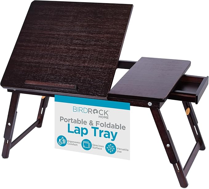 Sofia + Sam Bamboo Laptop Lap Tray with Adjustable Legs | Foldable Breakfast Serving Bed Tray | Lap Desk with Tilting Top and Side Drawer | Laptop Stand | Walnut