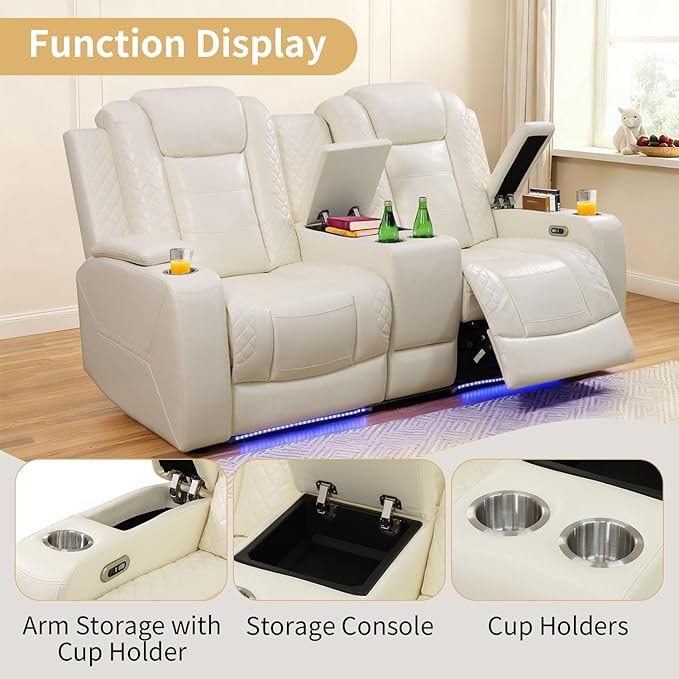 Caberryne Power Recliner Sofa Set with LED Lights,Leather Reclining Couch with Coffee Table/Storage Console/Cup Holder,Reclining Living Room Set with 5 Recliner Seats for House(3 Piece Set,Creamy)