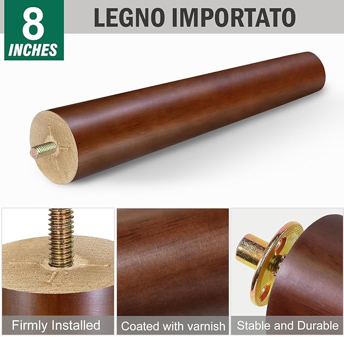 FoDau770 Brown Rubber Wood Furniture Legs 8 Inches, Straight Tapered Wood Feet Mid Century Sofa Legs Set of 4, 5/16" UNC Furniture Feet for Cabinet Couch Dresser Chair Ottoman Table
